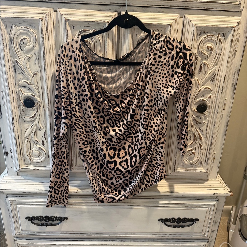 Leopard Print Off Shoukder Blouse - Beige/Black